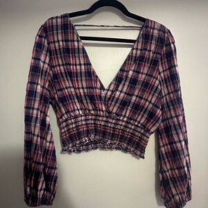 Zara Blue and Pink Smocked Crop Blouse